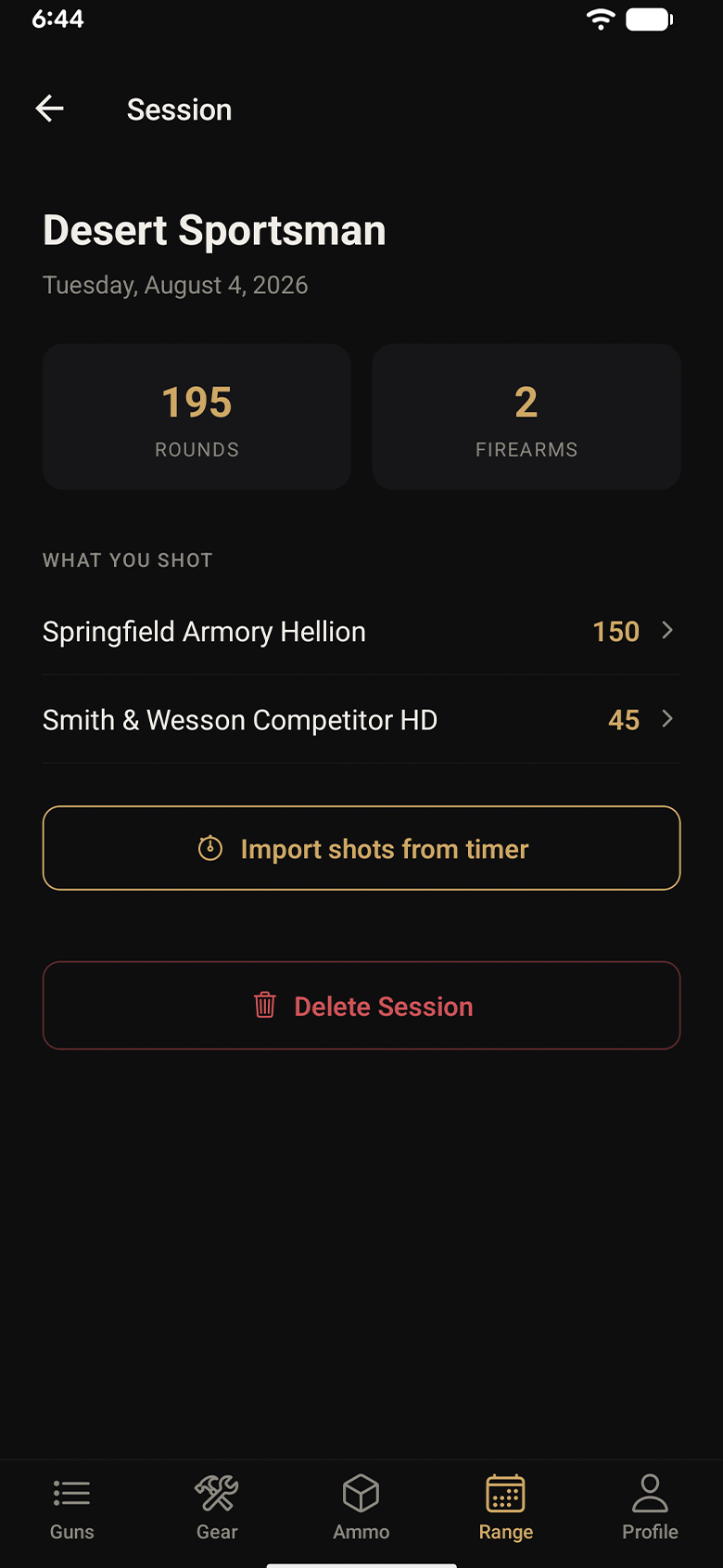 Range sessions screen