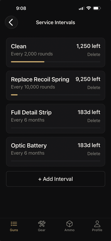 Service intervals screen