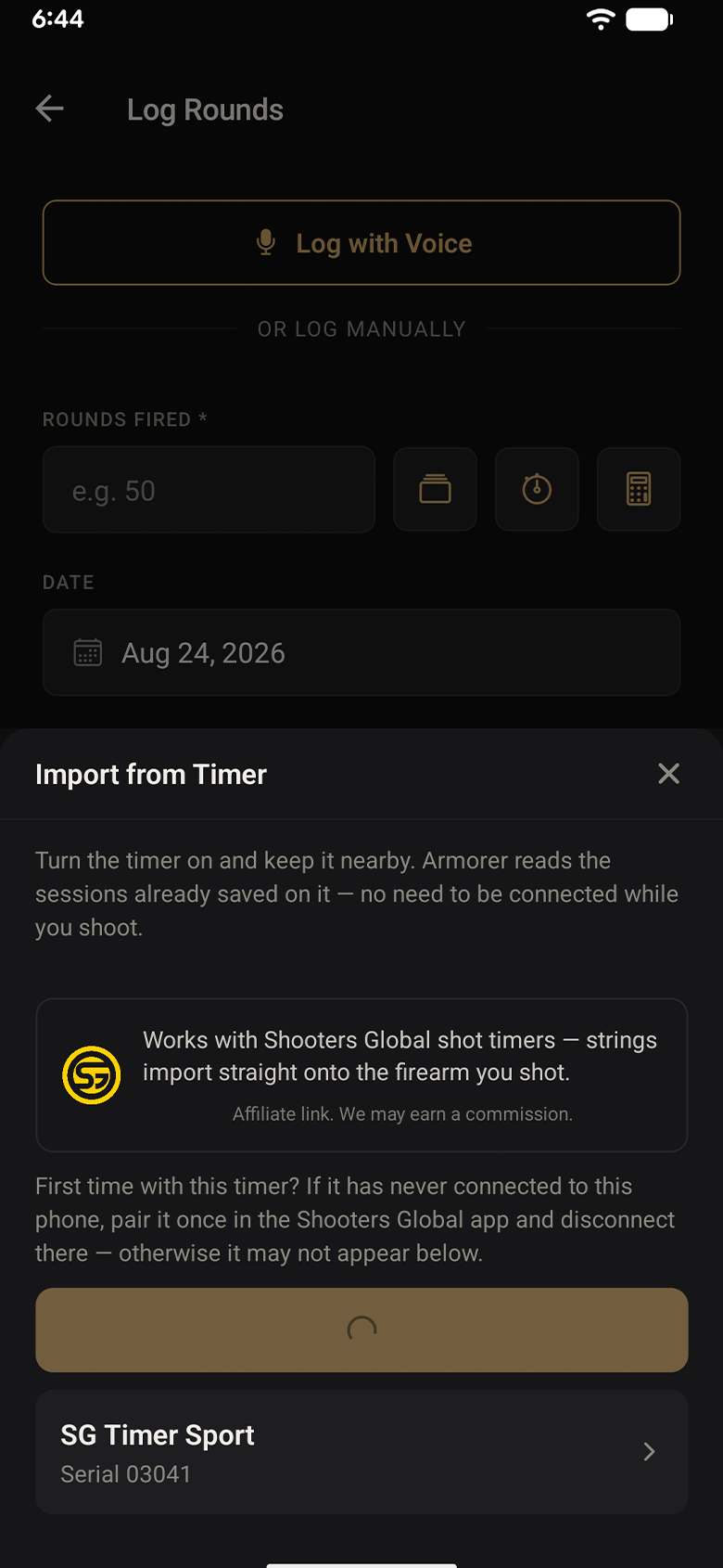 Shot timer import screen